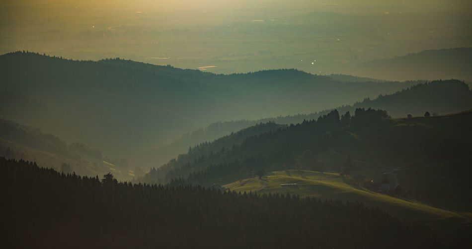 Aerial view of foggy green mountains during sunrise
