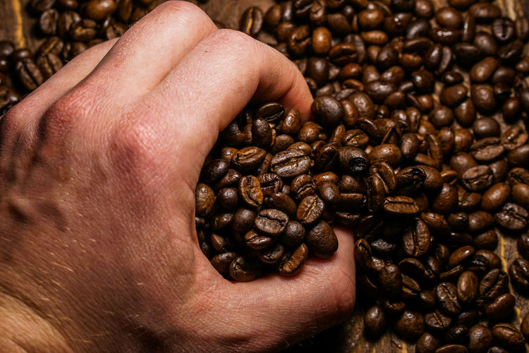 Cropped hand of person holding roasted coffee beans