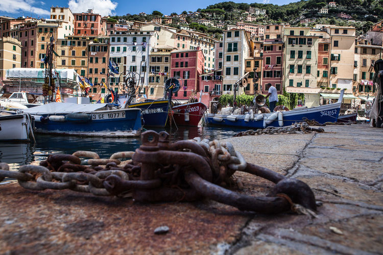 Boats moored at harbor against buildings in camogli