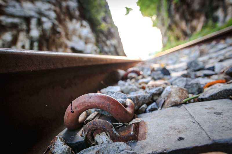 Close-up of rusty railroad track
