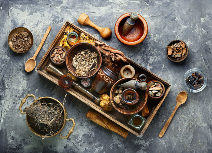 High angle view of old objects on table