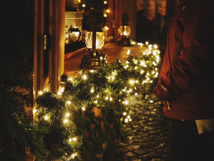 Illuminated christmas tree at night