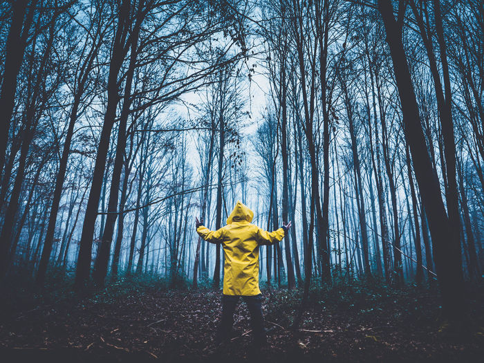 Man wearing raincoat standing amidst forest