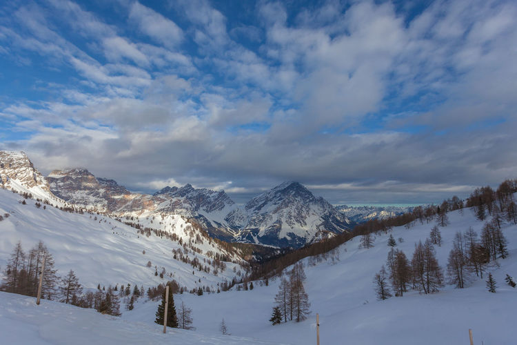 Winter sunset panorama with cloudy sky on mount sorapiss and mount antelao