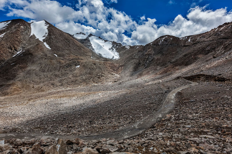 Road in himalayas near kardung la pass. ladakh, india
