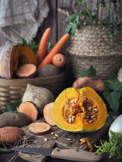 High angle view of pumpkins in container
