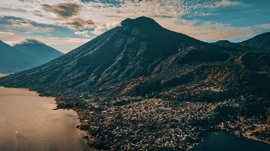 Aerial view of land against sky during sunset in guatemala