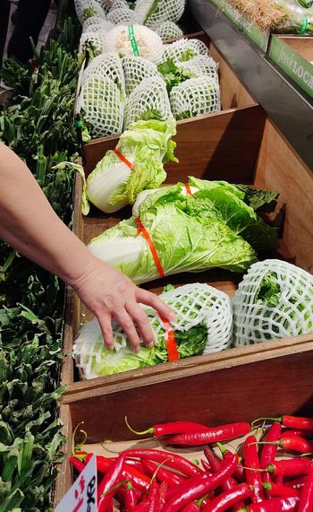 Hand holding vegetables in market