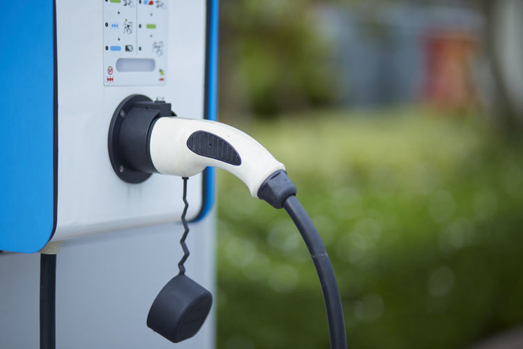 Close-up of electric vehicle charging station