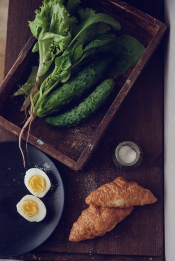 High angle view of breakfast on table
