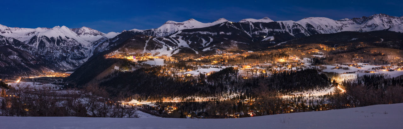 Panoramic winter view of mountain village and telluride, colorado.
