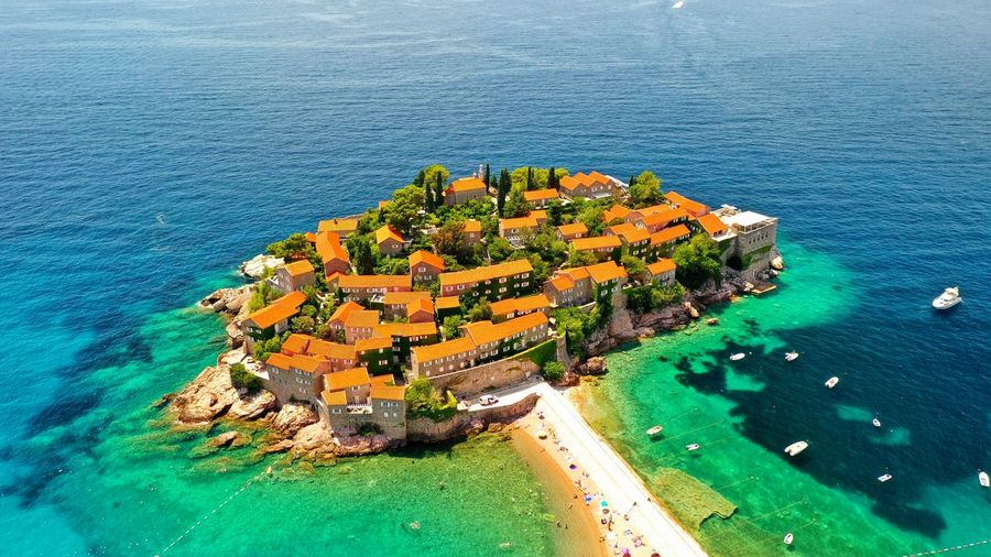 Aerial photography of sveti stefan island in adriatic sea, montenegro. 