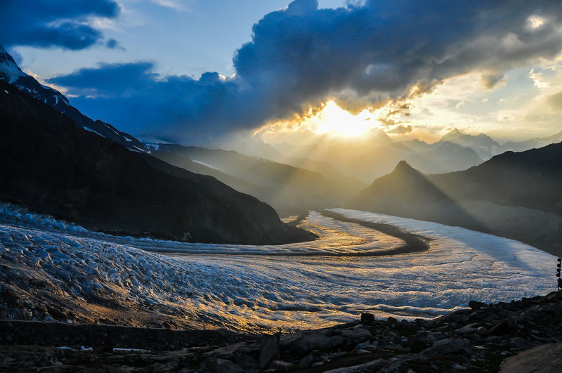 Scenic view of snowcapped mountains against sky during sunset