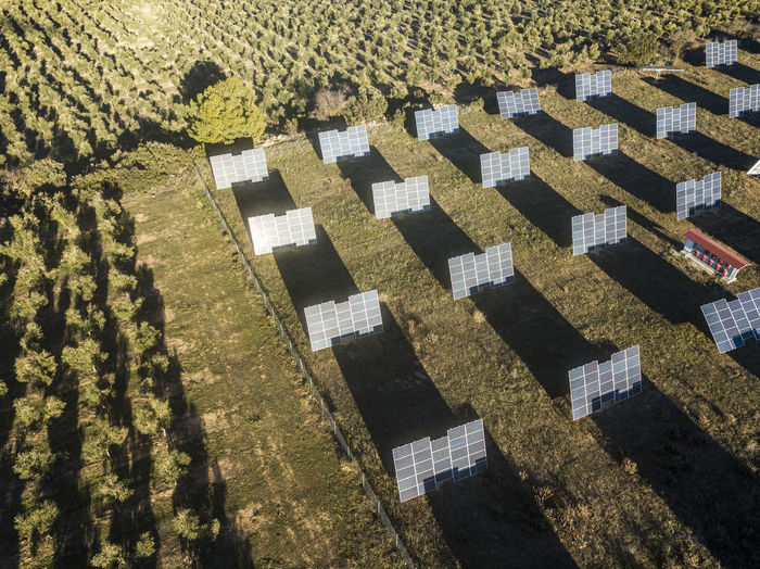 Aerial view of solar panels in a rural landscape in spain