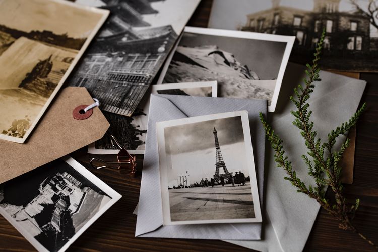High angle view of photographs on table
