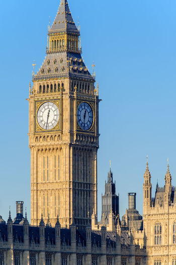 The clock tower of big ben (elizabeth tower) above palace of westminster, the houses of parliament of the united kingdom, london, england, united kingdom