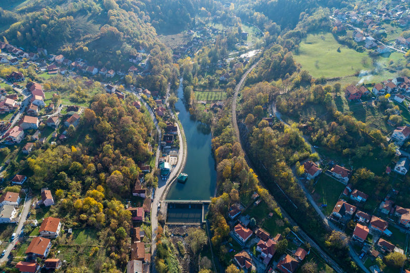 Dam on river gradac in valjevo - panorama of city in serbia. aerial drone view 