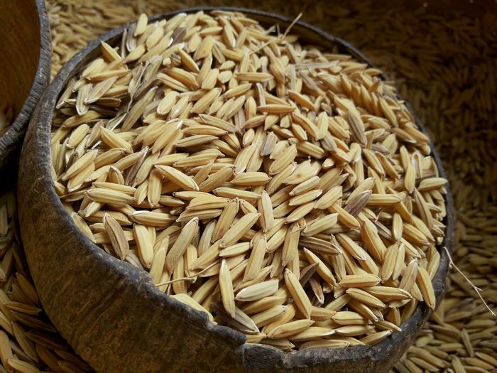 Close-up of rice seeds in coconut shell