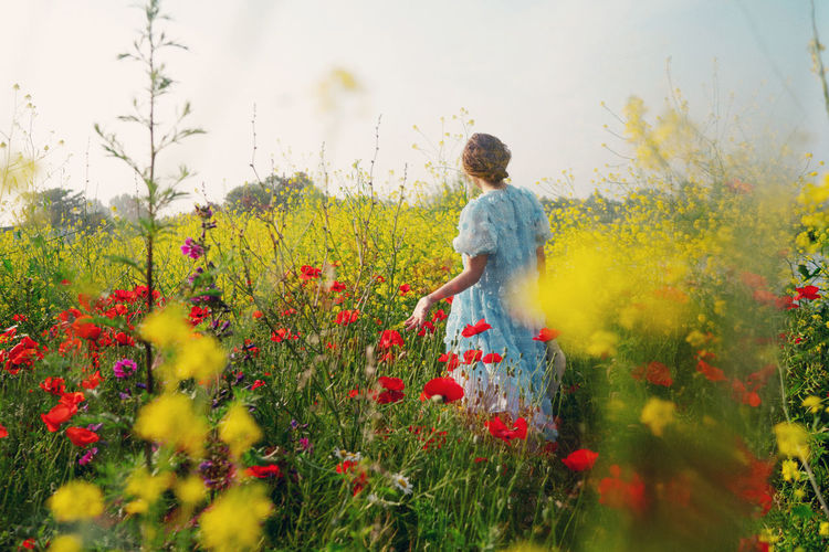 Rear view of woman standing on flowers field against sky