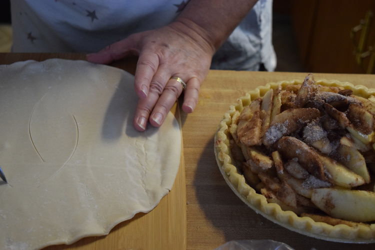 Cropped image of hand preparing apple pie