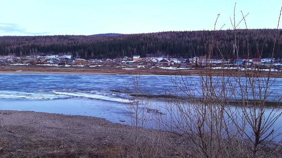 Scenic view of lake against sky during winter