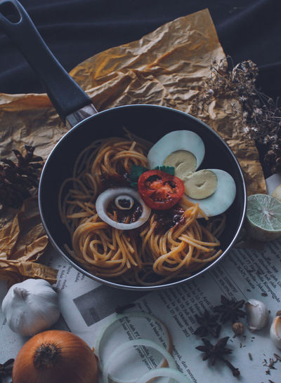 High angle view of food on table