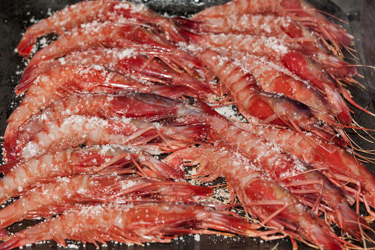 High angle view of fresh shrimps on table