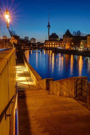 View along the banks of the river spree in berlin at dawn