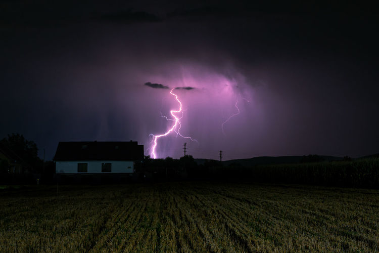 Panoramic view of lightning over field