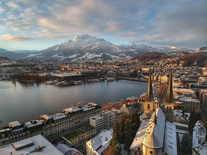 The city of lucerne at dawn