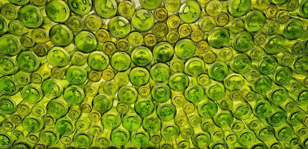 A study in green. a wall made of recycled green bottles. 
