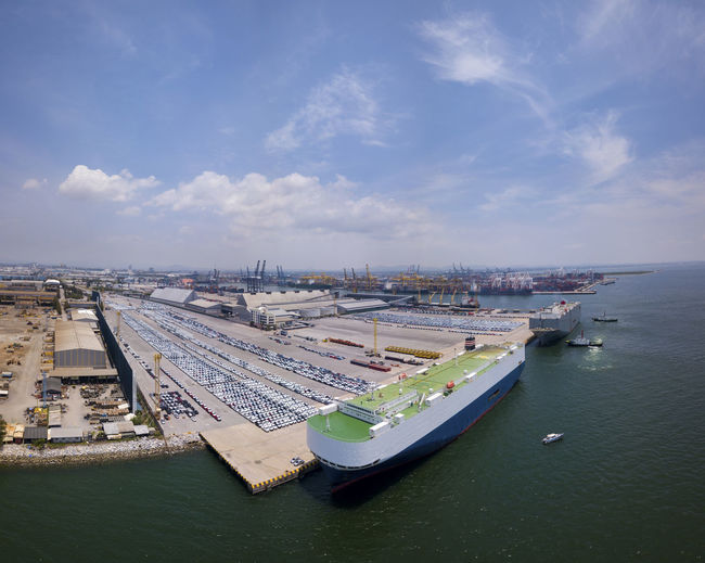 High angle view of commercial dock against sky
