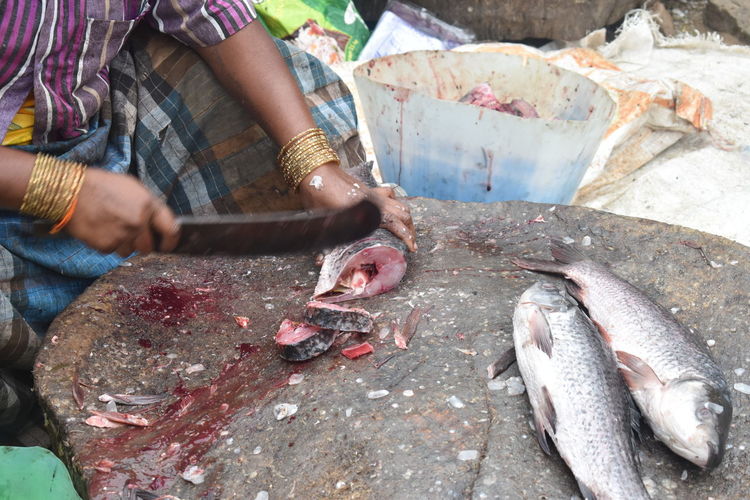 Midsection of person holding fish at market