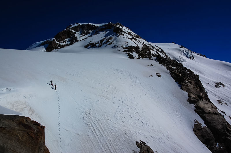 Scenic view of snow covered mountains against clear sky