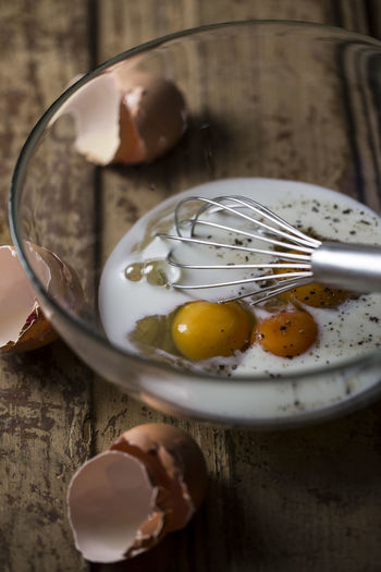 High angle view of wire whisk and eggs in bowl on table