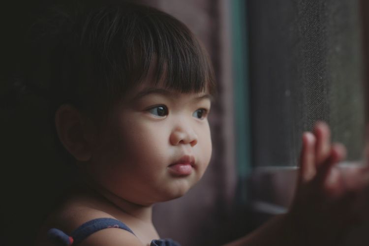 Close-up of cute girl looking through window