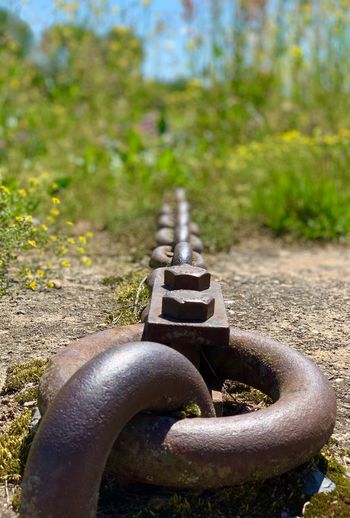 Close-up of rusty chain on field