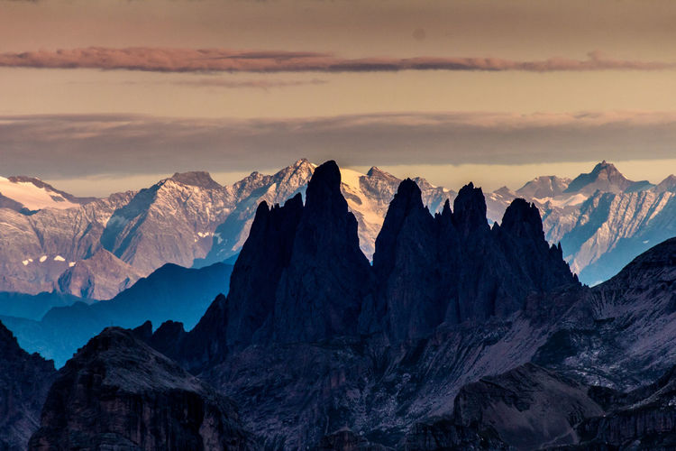 Scenic view of dolomites against cloudy sky