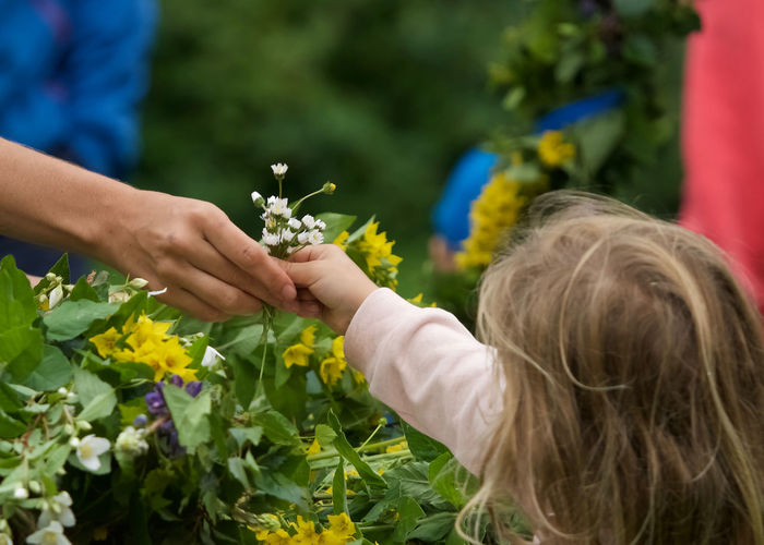 Close-up of girl giving flowers