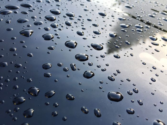 Close-up of raindrops on car