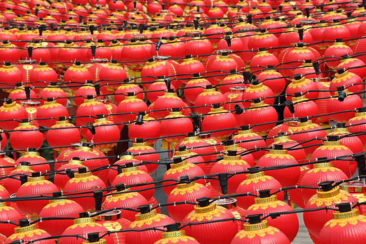 Full frame shot of red lanterns hanging