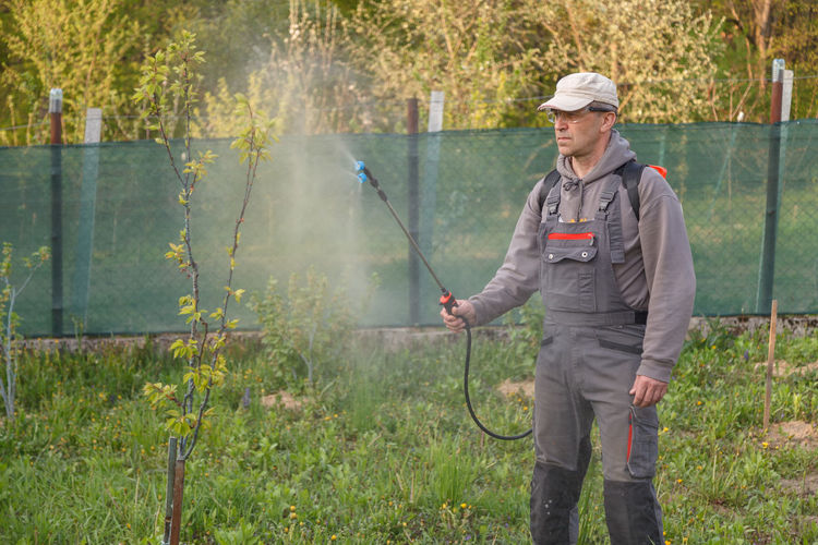 Man spraying insecticide on plants