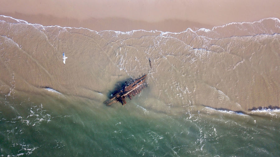 High angle view of shipwreck at chatham cape cod. 