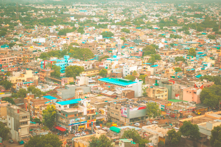 High angle view of buildings in city