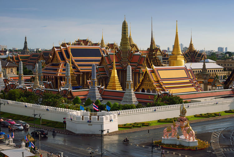 High angle view of temples in city against sky