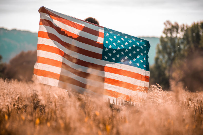 Person holding american flag while standing on field