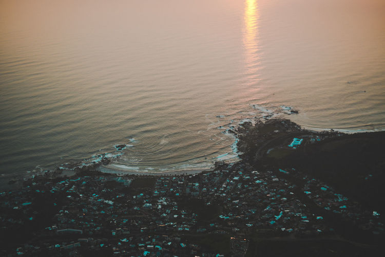 High angle view of sea during sunset