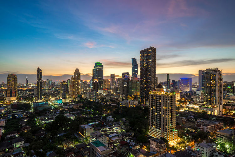 High angle view of modern buildings , beautiful sunset of bangkok city  , cityscape  thailand