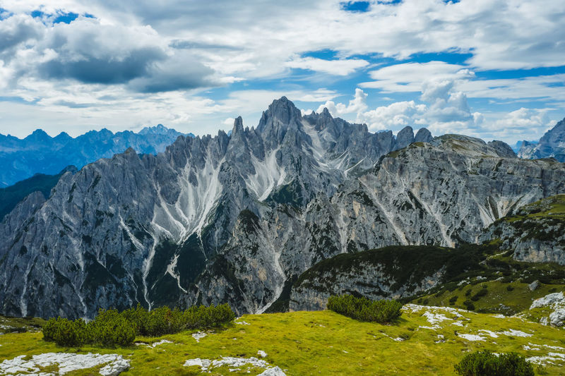  aerial view of epic cadini di misurina mountain group, italian alps, dolomites, italy, europe
