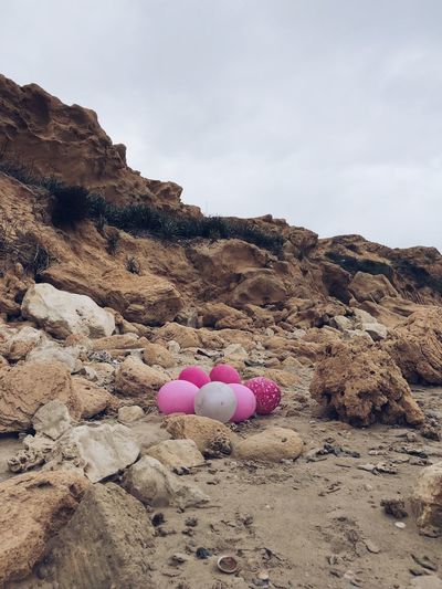 Pink rocks on shore against sky